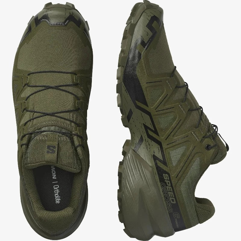 Salomon Speedcross 6 FORCES tactical shoes in Ranger Green shown from top and side angles. Lightweight, durable tactical footwear built for military, law enforcement, and training. Features Quicklace® system and Contagrip® outsole for superior traction.