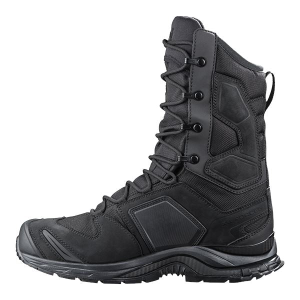 Side profile of the Black Salomon XA Forces 8 Inch GTX boot showcasing the 8-inch height, waterproof construction, and supportive tactical design.