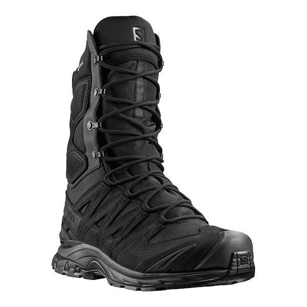 Angled view of the Black Salomon XA Forces 8 Inch GTX highlighting the durable upper, protective toe cap, and high-cut ankle support.