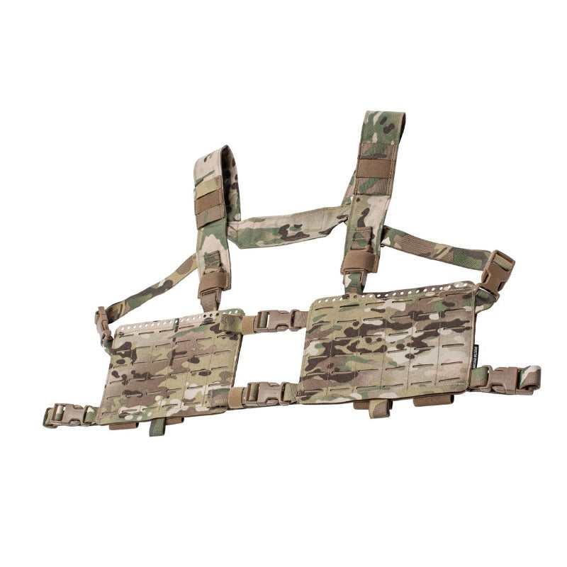 Angled view of the Spiritus Systems 34 Alpha Chest Rig configured with shoulder harness and back strap, showcasing the complete split-front chest rig system and modular load-bearing platform.