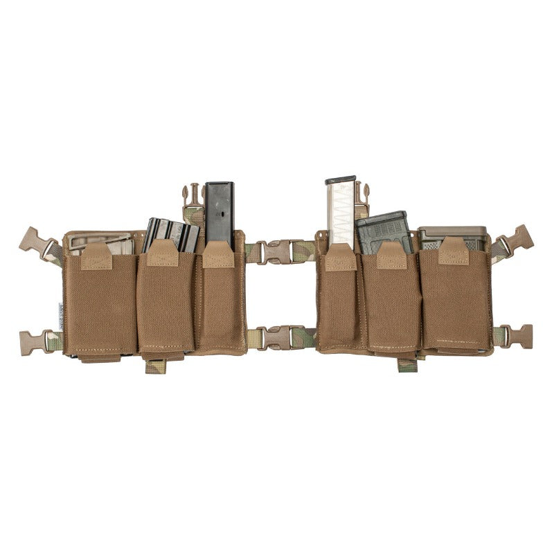 Front view of a fully configured Spiritus Systems 34 Alpha Chest Rig featuring magazine pouches, utility pouches, and mission-specific gear organization.