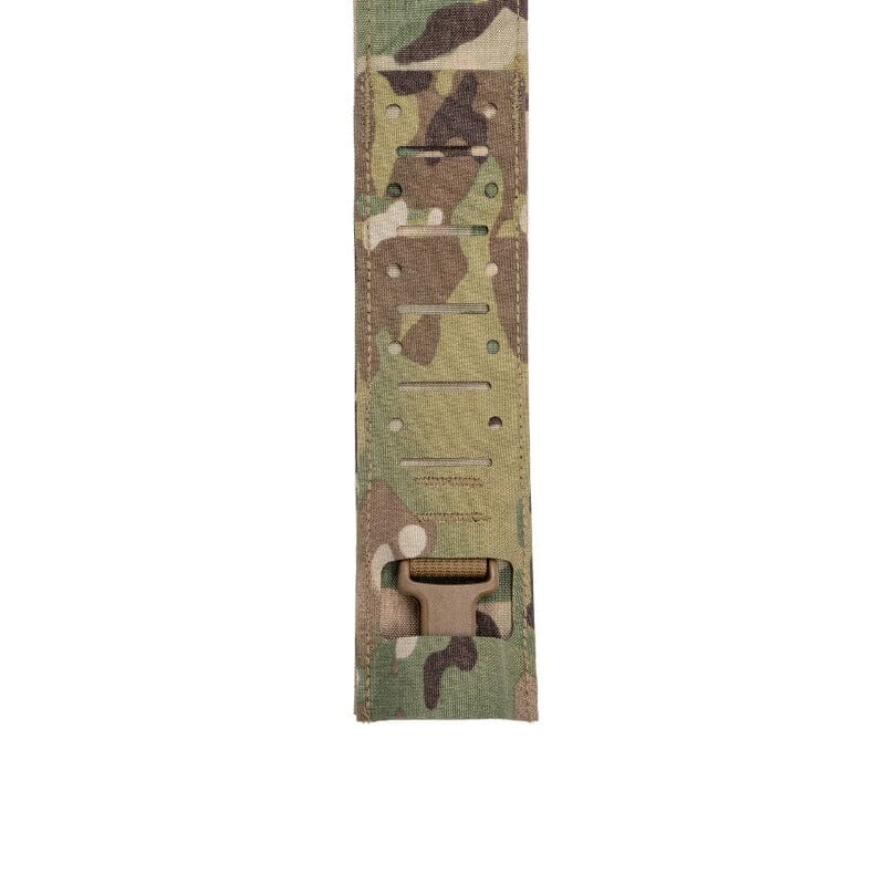 Close-up of the Spiritus Systems Fat Strap MK4 showing the side-release clasp hardware, attachment points, and mounting slots used to connect the harness to compatible chest rig systems.