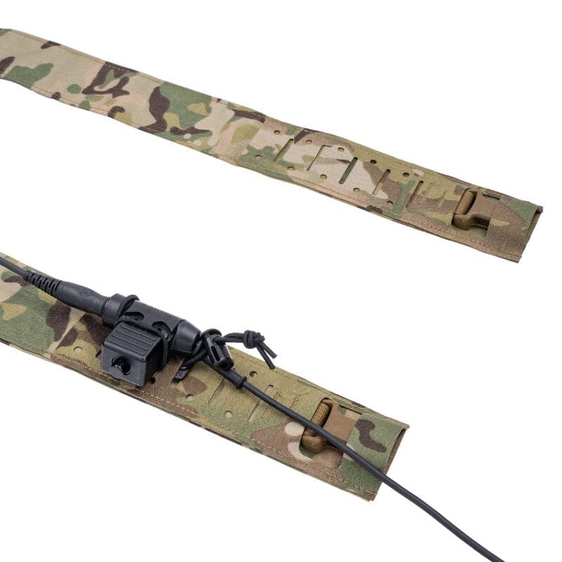 Close-up of the Spiritus Systems Fat Strap MK4 showing the Squadron laminate mounting surface used for cable routing, PTTs, and mission-essential accessories.