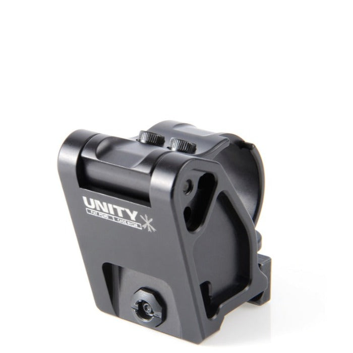 Unity FAST Aimpoint Magnifier Mount Black left side with magnifier flipped down and secured inline behind red dot optic
