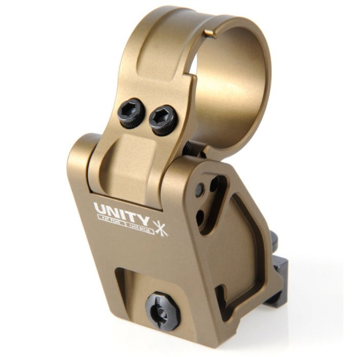 Unity FAST Aimpoint Magnifier Mount FDE left profile with magnifier flipped up maintaining streamlined rifle footprint