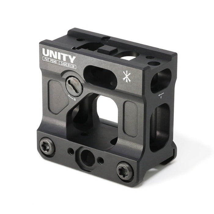 Unity FAST Aimpoint Micro Mount Black 2.26 red dot mount with integrated BUIS shown in angled profile for tactical rifle setups