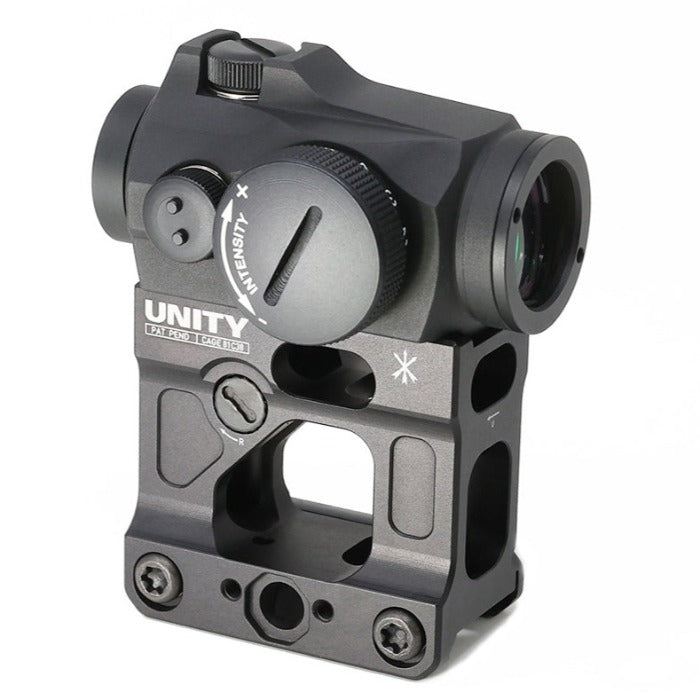 Unity FAST Aimpoint Micro Mount 2.26 with Aimpoint Micro footprint red dot installed showing integrated BUIS system and raised shooting position