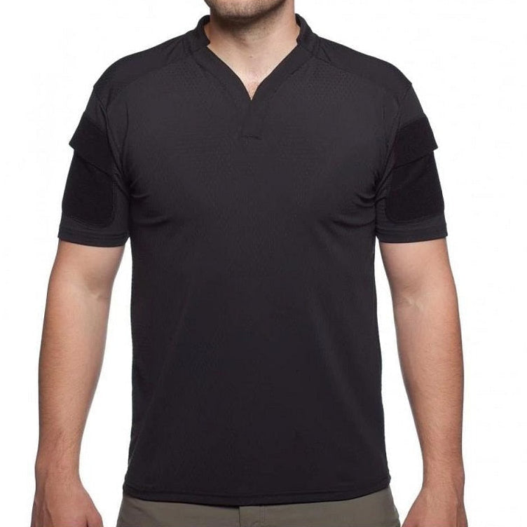 Front view of the Velocity Systems BOSS Rugby Short Sleeve Combat Shirt in Black, a USA-made tactical range top built for law enforcement, military, and training. Features 4-way stretch nylon-spandex, UV protection, and moisture-wicking comfort.
