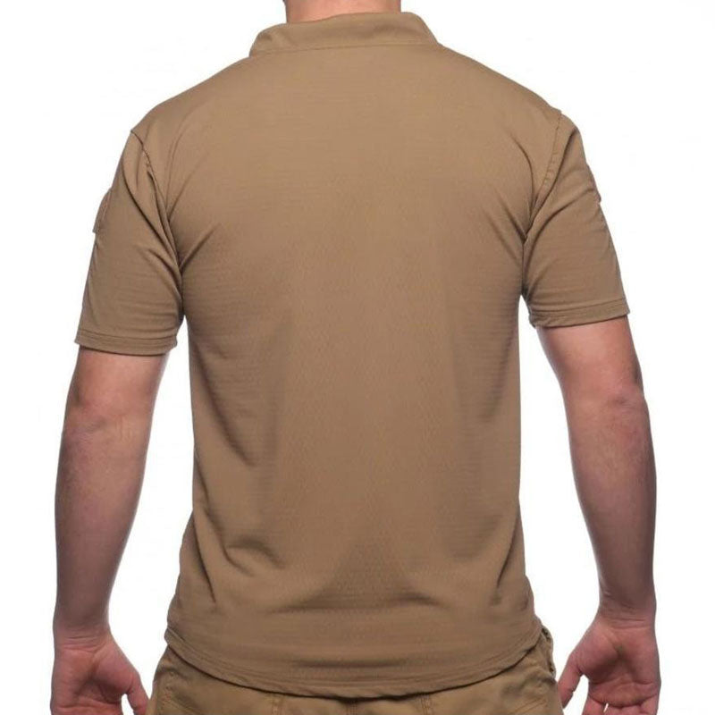 Back view of the Velocity Systems BOSS Rugby Short Sleeve Combat Shirt in Coyote Brown, a lightweight 4-way stretch tactical range top with moisture-wicking, UV protection, and durable construction for military and law enforcement use.