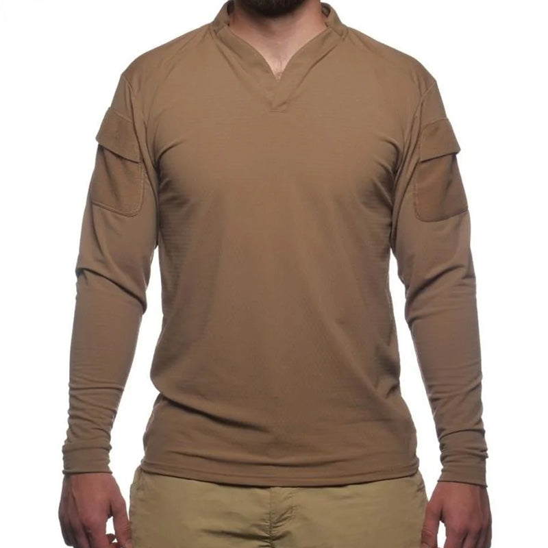 Product shot of the Velocity Systems BOSS Rugby Long Sleeve Tactical Range Shirt in Coyote Brown, a lightweight long sleeve combat top built for performance, breathability, and durability. Made in the USA with a 4-way stretch nylon-spandex blend, UV protection, and Odorexx™ antimicrobial tech, this law enforcement and military base layer is ideal for range training, hot-weather operations, and professional duty use.