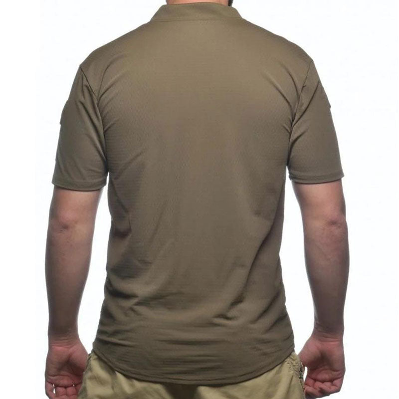 Back view of the Velocity Systems BOSS Rugby Short Sleeve Combat Shirt in Ranger Green, a 4-way stretch tactical top made in the USA. Designed for law enforcement, military, and range use with moisture-wicking, breathable performance.