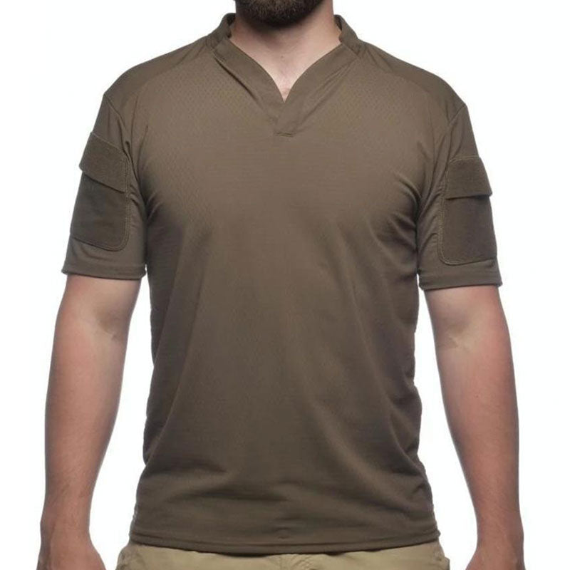 Front view of the Velocity Systems BOSS Rugby Short Sleeve Combat Shirt in Ranger Green, a USA-made tactical base layer built for military, range, and law enforcement training. Features 4-way stretch nylon-spandex and moisture-wicking comfort.