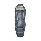 A dark gray mummy-style sleeping bag with a light beige hood lining and a small orange NEMO logo on the front, shown against a plain white background.