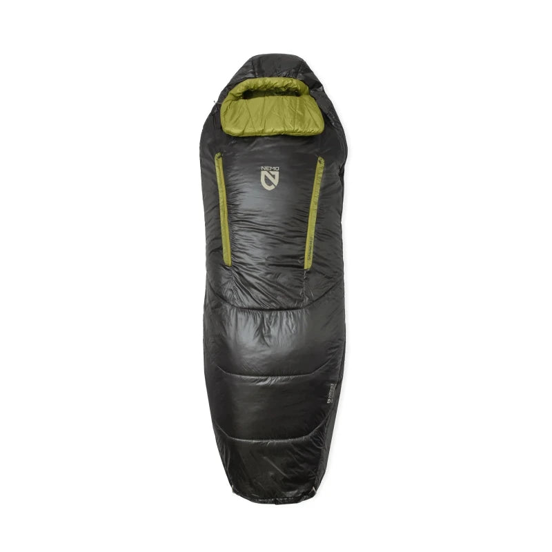 Black and green sleeping bag on a white background