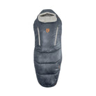 A dark gray mummy-style sleeping bag with a light gray hood lining and a small orange logo on the chest, shown against a plain white background.