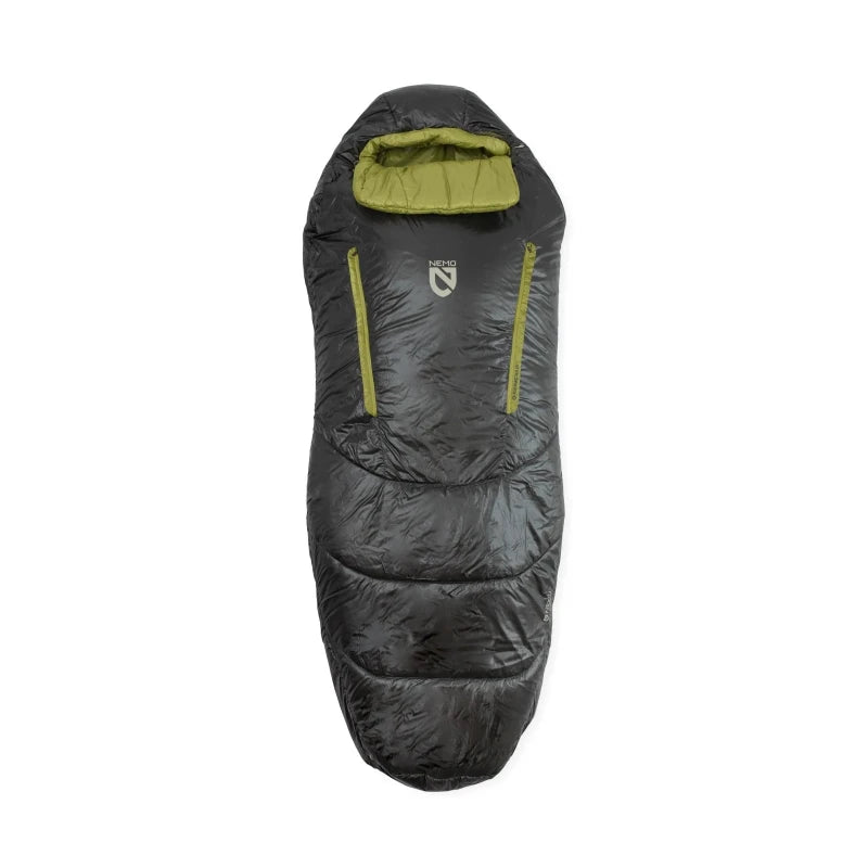 Black and green sleeping bag on a white background
