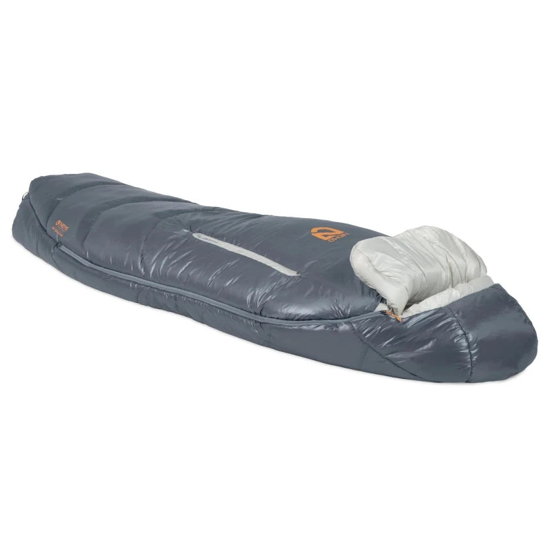 Gray sleeping bag with white interior on a white background