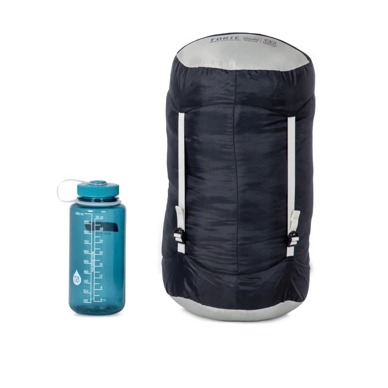 Black backpack and blue water bottle on a white background