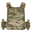 Back view of Multicam Camouflage tactical vest with side plates on a white background