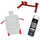 White target with red clamps, red stand, and can of Infinity Target Paint on a white background