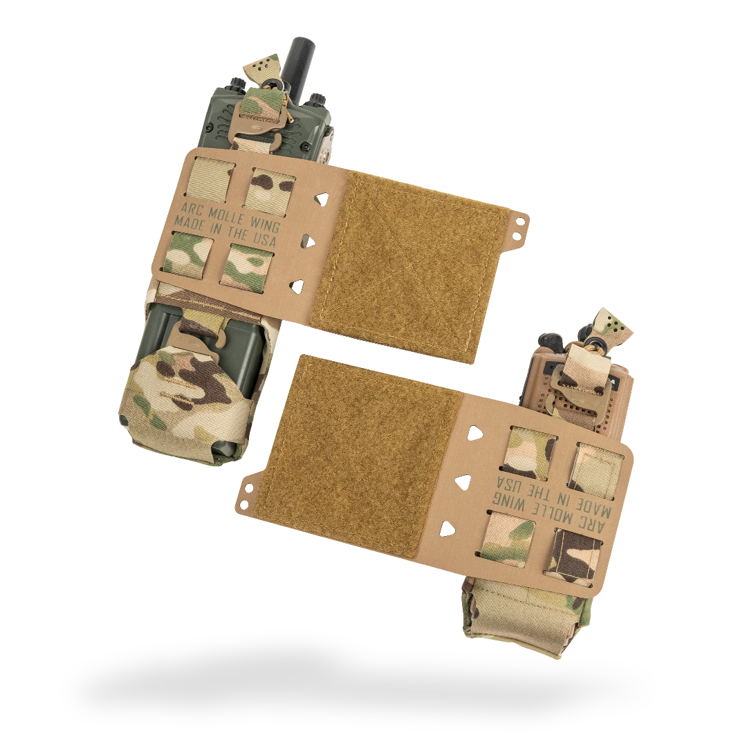 Two tan MOLLE wing radio carrier panels with camouflage fabric pouches and a hook-and-loop closure, shown floating on a light gray background.