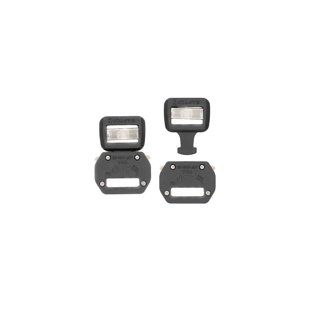 Close-up of AXL ADF Raptor Buckle showing 7075 aluminum quick-release build for 1-inch tactical webbing systems on belts or plate carriers