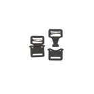 Close-up of AXL AustriAlpin Cobra Buckle in black showing 1-inch webbing compatibility and brass release clips for tactical gear loadouts
