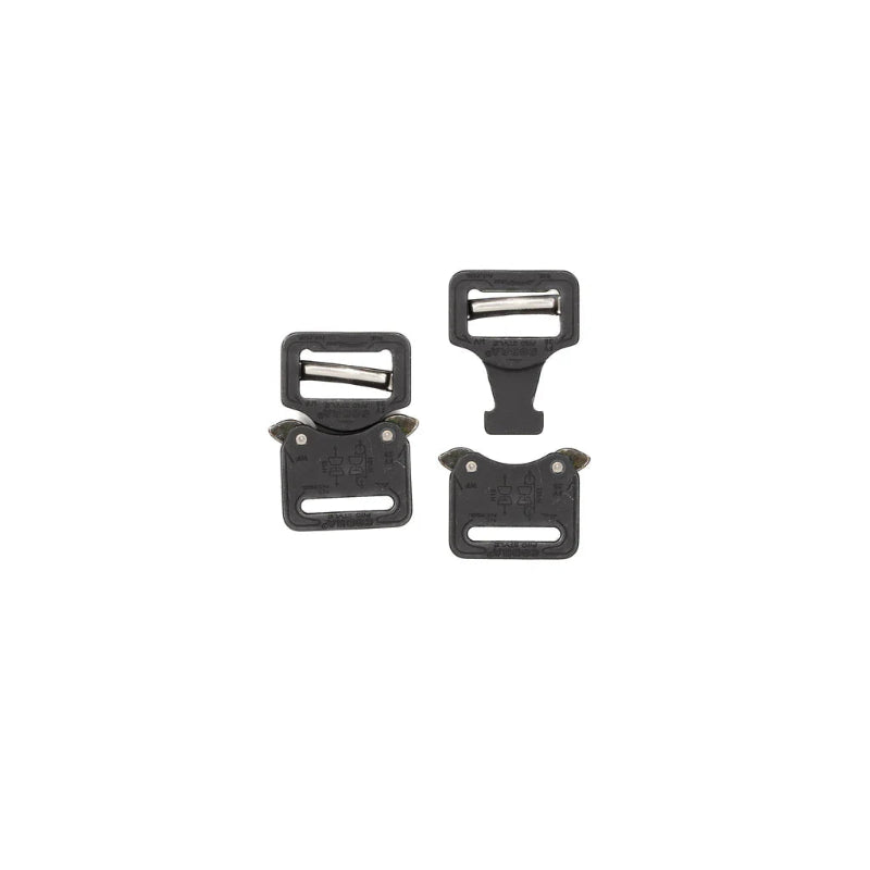 Close-up of AXL AustriAlpin Cobra Buckle in black showing 1-inch webbing compatibility and brass release clips for tactical gear loadouts