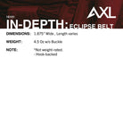 Technical specs for AXL Eclipse Belt showing 1.9 inch height, sub-5 oz weight, and modular buckle adjustability for tactical loadouts