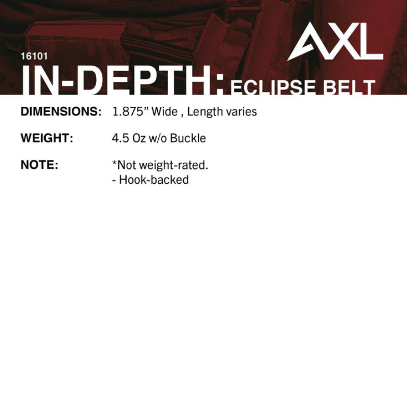 Technical specs for AXL Eclipse Belt showing 1.9 inch height, sub-5 oz weight, and modular buckle adjustability for tactical loadouts