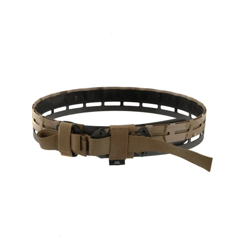 MultiCam Arid AXL Eclipse Belt in Curv composite, an ultra-rigid tactical platform for MOLLE gear, competition shooting, and range duty setups