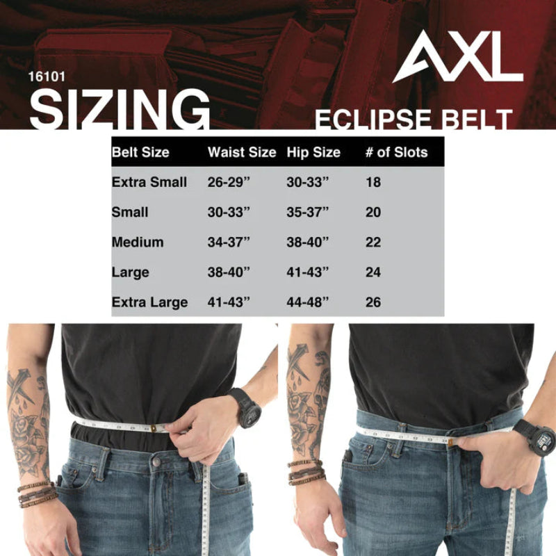 Size chart for AXL Eclipse Belt showing waist and hip measurements for accurate tactical outer belt fit, including sizing guidance for G-Hook and buckle options