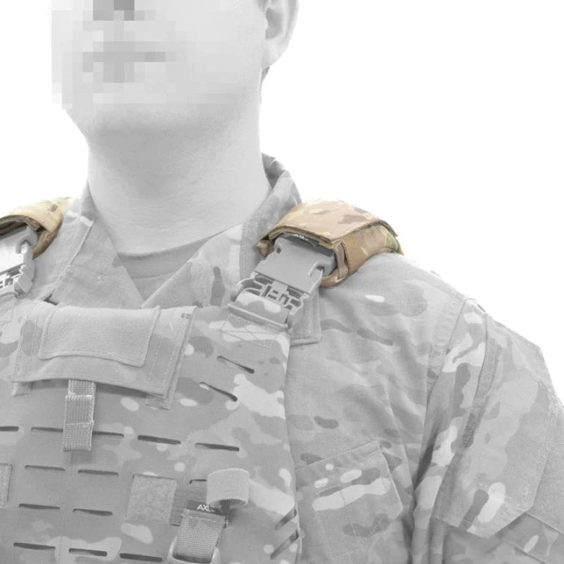 AXL Structural Shoulder Pads installed on a plate carrier – improves weight distribution and comfort for tactical gear and duty armor systems. Plate Carrier Accessories and Upgrades.