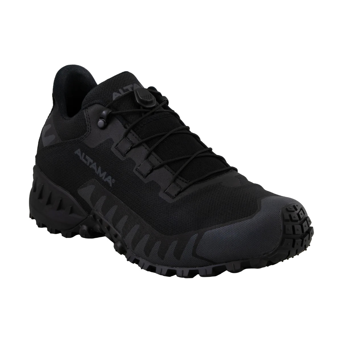 Altama Legacy Low Black tactical training shoe upper detail showing quick adjust toggle lacing system, reinforced no sew textile upper, and 3D printed overlays for durability and secure fit