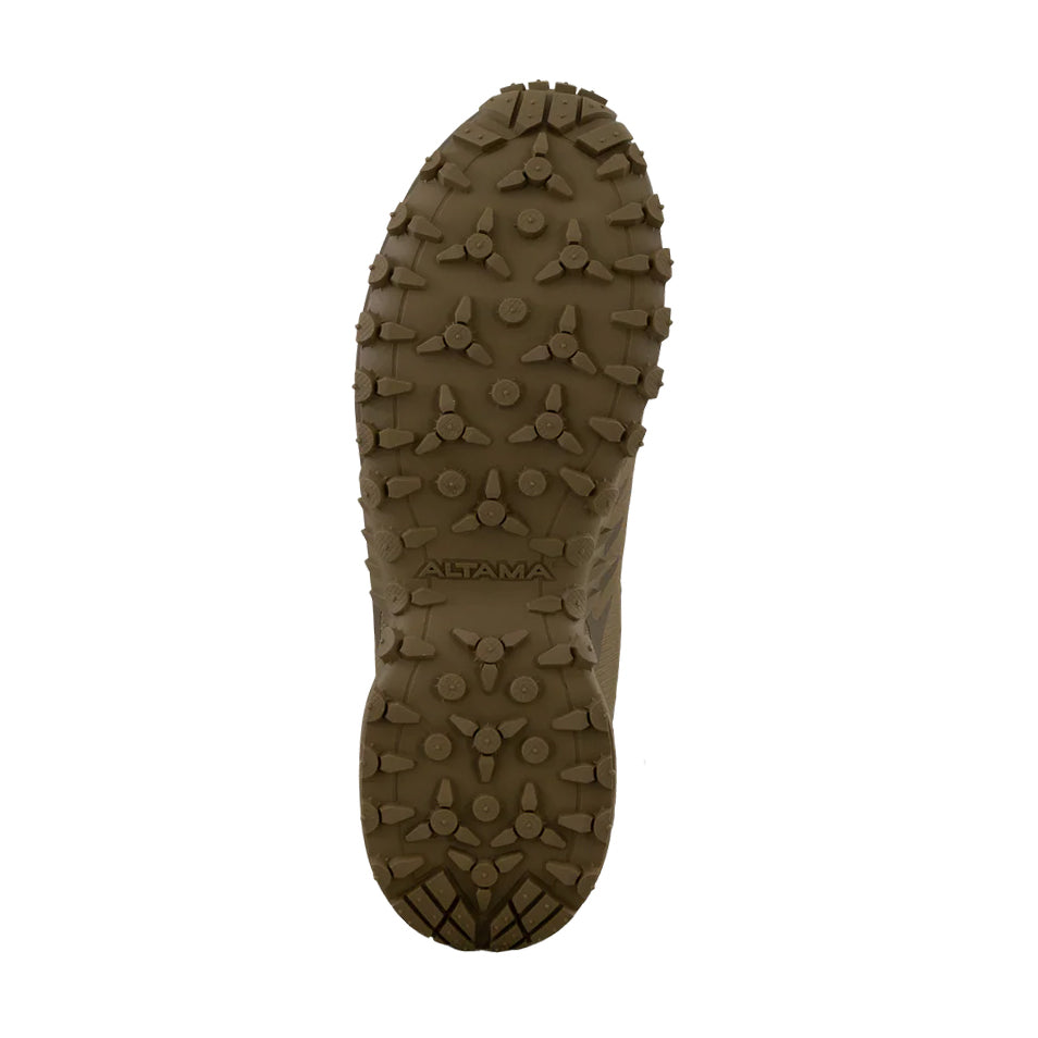 Altama Legacy Low Coyote outsole showing aggressive traction pattern for wet surfaces, rope work, and mixed terrain movement
