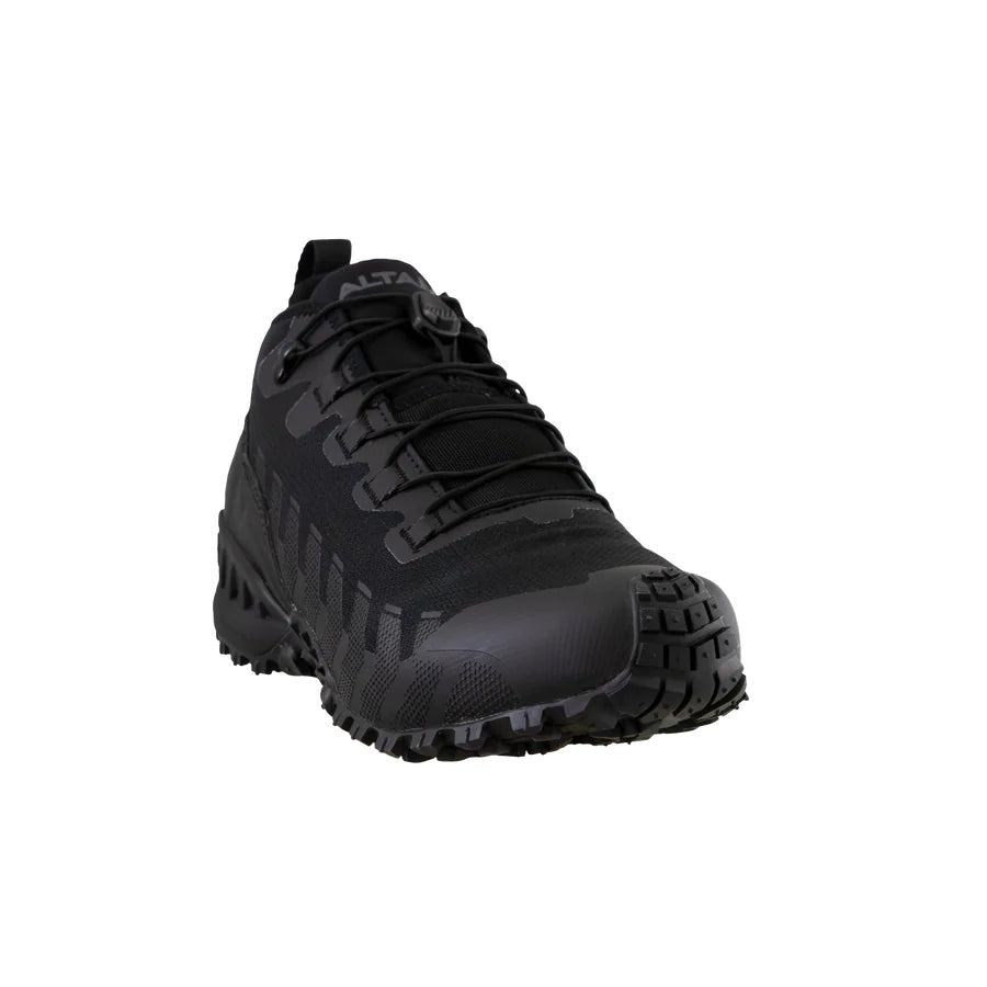 Altama Legacy Mid Black angled toe view showing thermoplastic reinforced toe cap for impact protection during field training