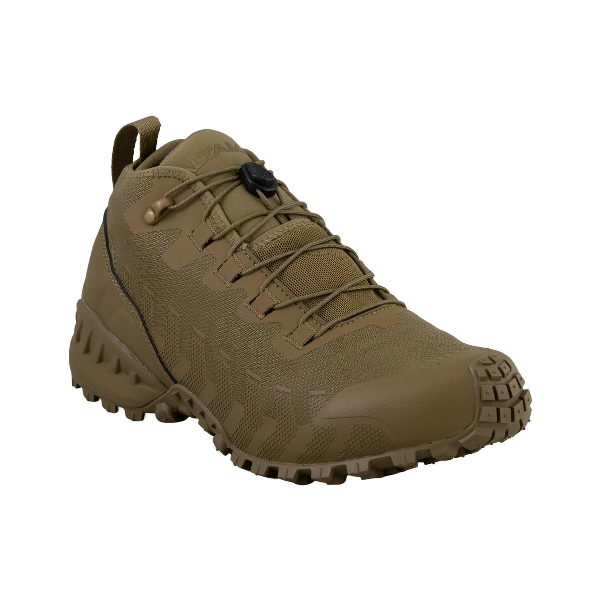 Altama Legacy Mid Coyote tactical training boot upper view featuring toggle lacing system and reinforced no sew textile construction
