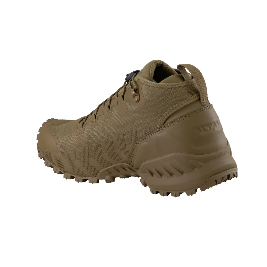 Altama Legacy Mid Coyote tactical training boot heel and ankle detail showing supportive mid height collar and molded heel stability for military training