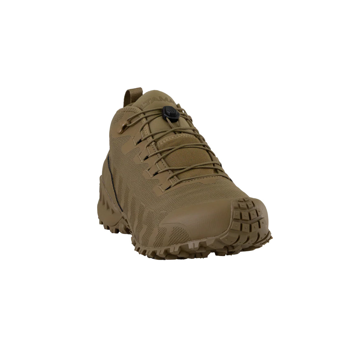 Altama Legacy Mid Coyote angled toe view displaying thermoplastic toe protection for field and range environments