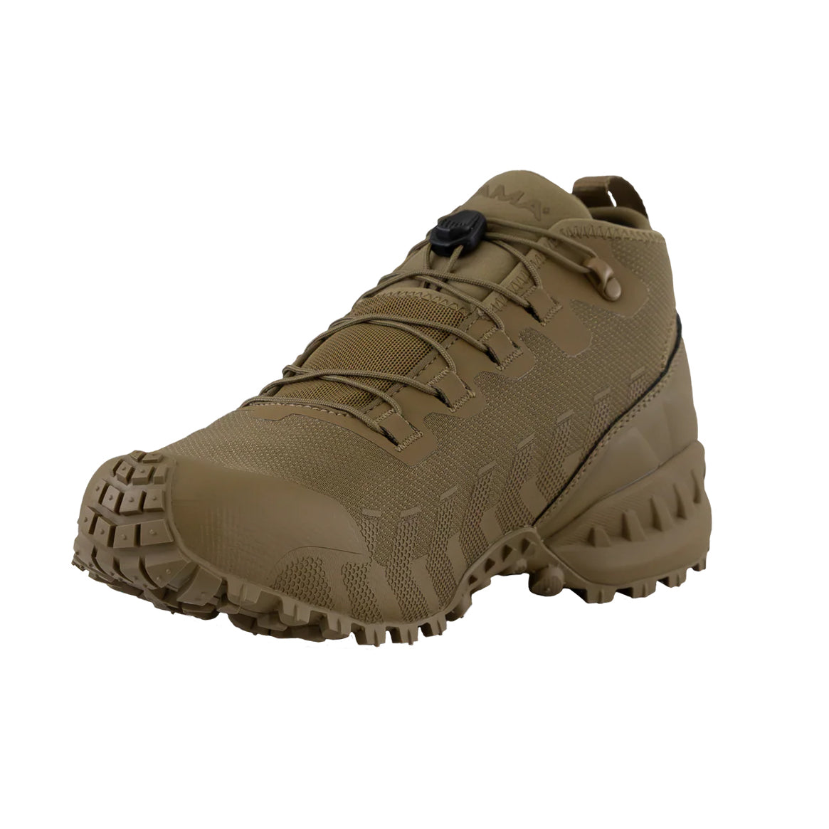 Altama Legacy Mid Coyote angled front detail highlighting durable toe box and aggressive traction edge