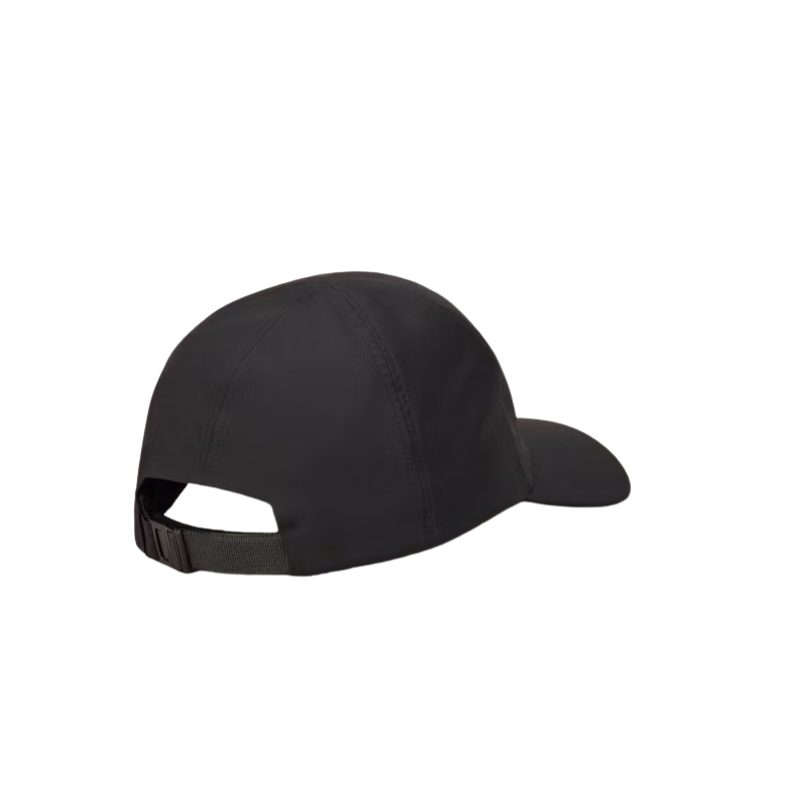 A black baseball cap shown from a rear three-quarter angle, featuring an adjustable black strap with a plastic buckle, set against a plain white background.