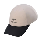 An Arc'teryx baseball cap featuring a light beige crown and a contrasting black curved brim, with the Arc'teryx logo embroidered on the front.
