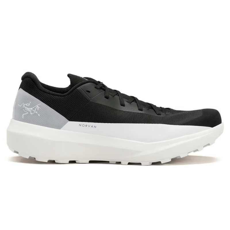 Black and white running shoe with Arc'teryx brand logo on a white background