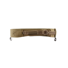 A coyote brown riggers tactical belt with a buckle closure, webbing strap, and two small black hanging loops, shown against a plain white background.