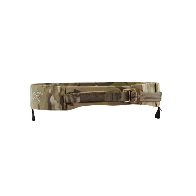 A Multicam camouflage riggers tactical belt with a buckle closure, webbing strap, and two small black hanging loops, shown against a plain white background.