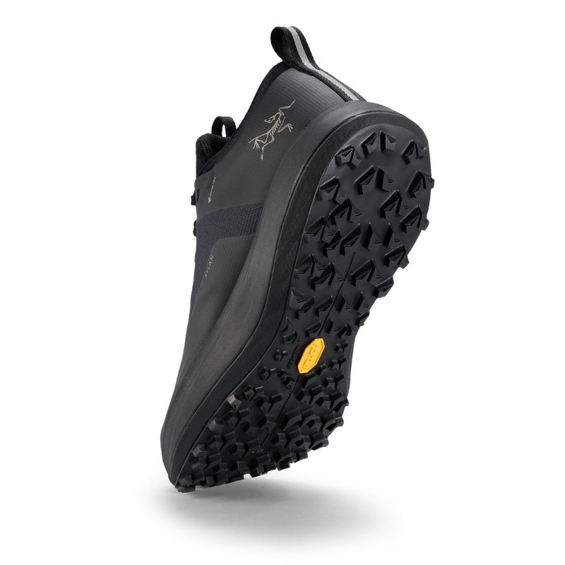 Black hiking shoe with a textured sole on a white background