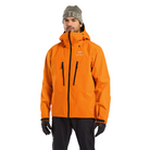 Front product shot of the Arc'teryx Alpine Guide Jacket in Blaze Orange showing the high visibility professional ski guide GORE TEX PRO winter shell available in the Arc'teryx on sale collection.