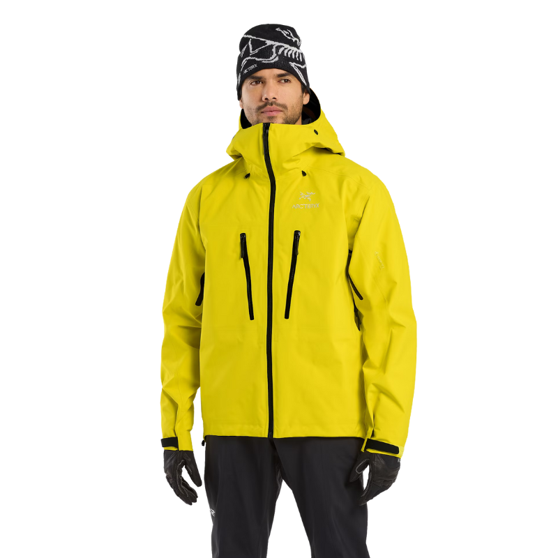 Front product shot of the Arc'teryx Alpine Guide Jacket in Viper Yellow II showing the high visibility ski guide GORE TEX PRO winter shell featured in the Arc'teryx on sale collection.