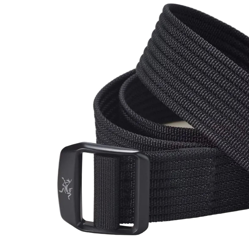Black Arc'teryx Conveyor Belt 38 with low profile self locking buckle and reinforced nylon webbing designed for tactical pants, outdoor adventure, and daily utility wear