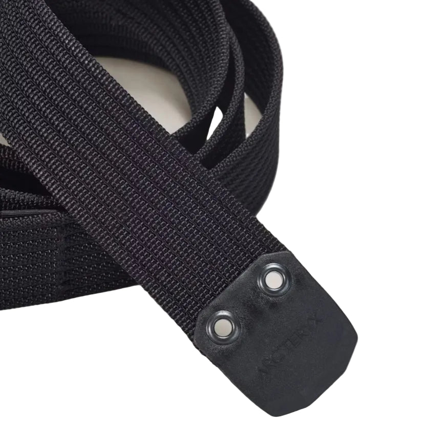 Arc'teryx Conveyor 38 belt in black colorway showing durable non stretch webbing and metal bird logo buckle ideal for hiking, travel, rucking, and everyday carry setups